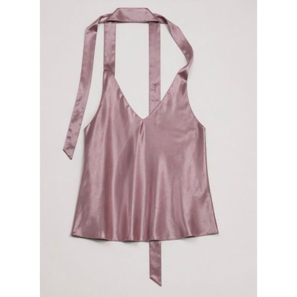 Wildfang “Empower” Satin Cami Halter Scarf Neck Tie Back Mauve M NWT - Picture 3 of 12
